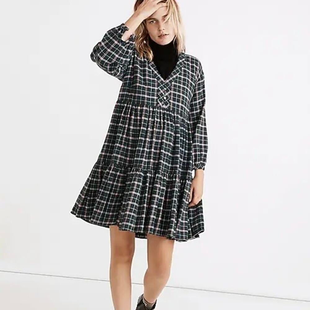 MADEWELL Plaid Flannel Colette Mini Dress Green 0